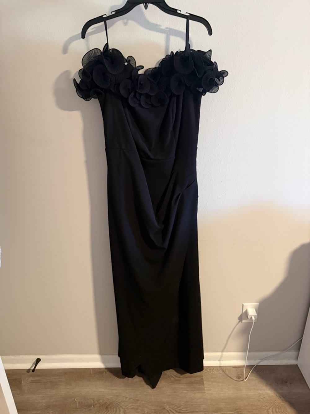 Xscape Black Maxi Dress with Floral Appliqué Neckline